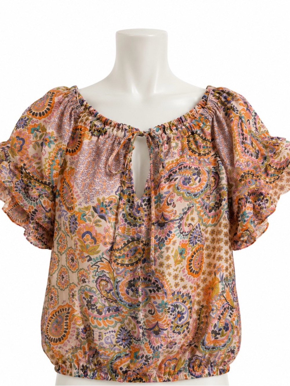 Paisley Tie-Neck Peasant Blouse - Pink Multi